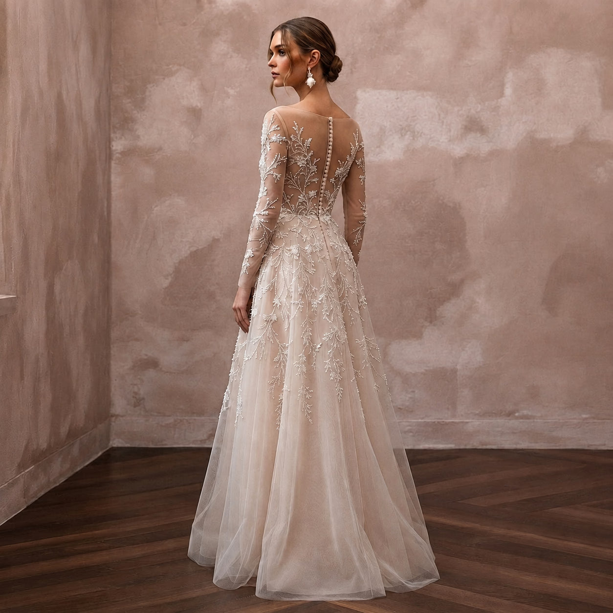 Nude Illusion Wedding Dresses with Delicate Embroidery - Apparel & Accessories > Clothing > Wedding & Bridal Party Dresses > Wedding Dresses - Mignonette