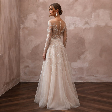 Nude Illusion Wedding Dresses with Delicate Embroidery - Apparel & Accessories > Clothing > Wedding & Bridal Party Dresses > Wedding Dresses - Mignonette