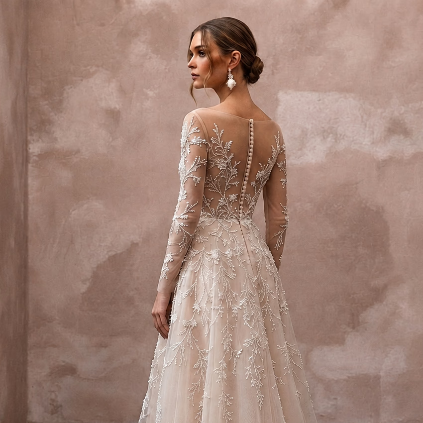 Nude Illusion Wedding Dresses with Delicate Embroidery - Apparel & Accessories > Clothing > Wedding & Bridal Party Dresses > Wedding Dresses - Mignonette