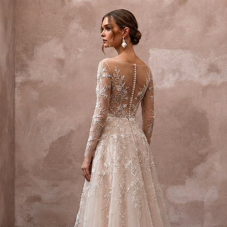 Nude Illusion Wedding Dresses with Delicate Embroidery - Apparel & Accessories > Clothing > Wedding & Bridal Party Dresses > Wedding Dresses - Mignonette