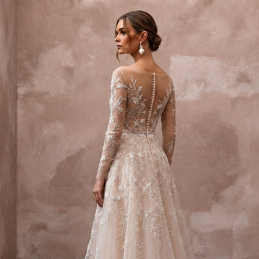 Nude Illusion Wedding Dresses with Delicate Embroidery