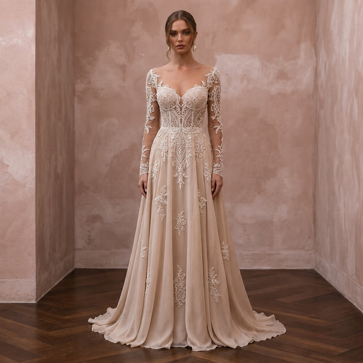 Nude Wedding Dresses with Illusion Lace Bodices - Apparel & Accessories > Clothing > Wedding & Bridal Party Dresses > Wedding Dresses - Mignonette Bridal Main image