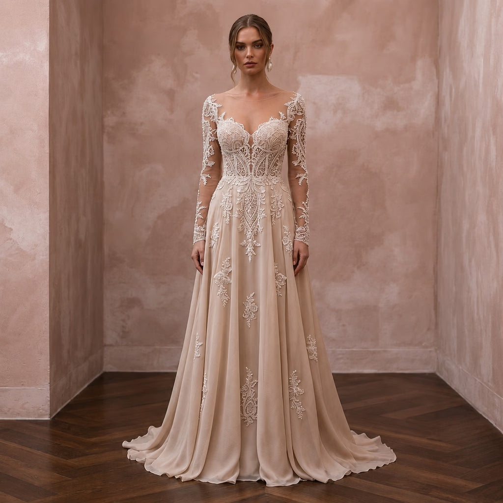 Nude Wedding Dresses with Illusion Lace Bodices - Apparel & Accessories > Clothing > Wedding & Bridal Party Dresses > Wedding Dresses - Mignonette Bridal