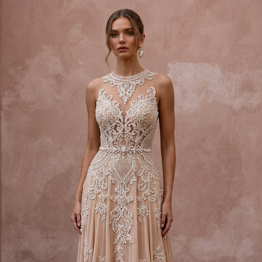 Nude Wedding Dresses with Illusion Lace Bodices - Apparel & Accessories > Clothing > Wedding & Bridal Party Dresses > Wedding Dresses - Mignonette Bridal