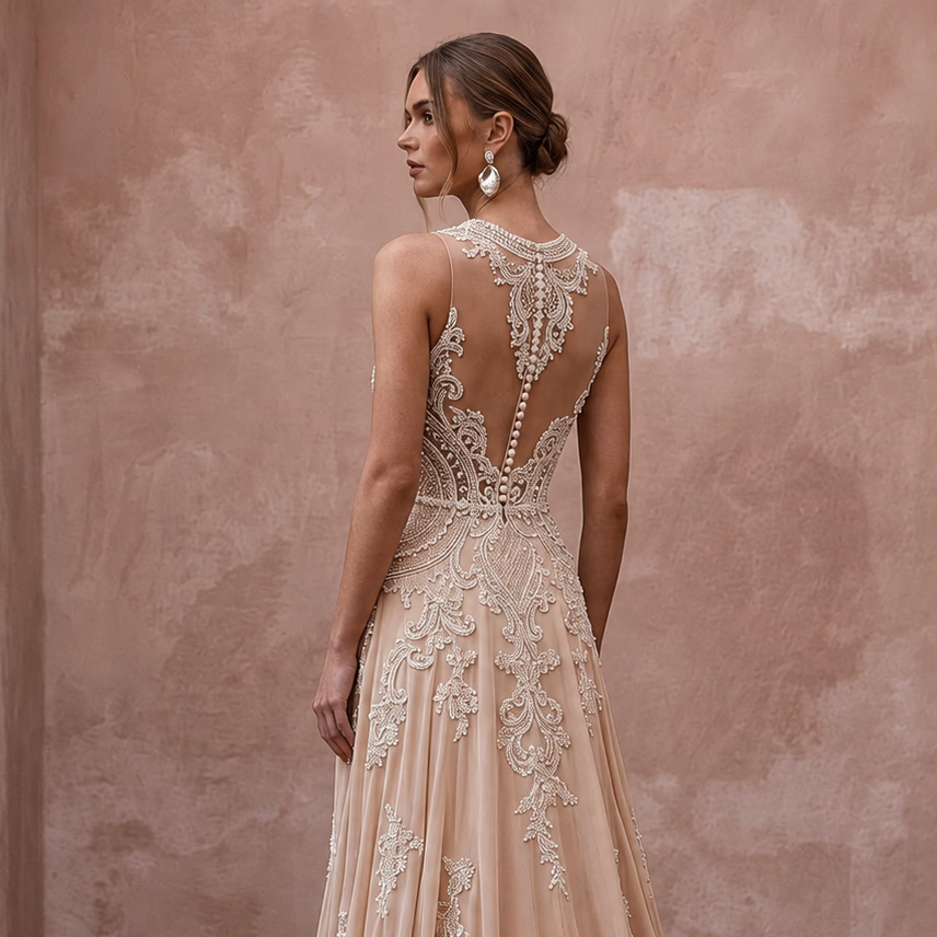 Nude Wedding Dresses with Illusion Lace Bodices - Apparel & Accessories > Clothing > Wedding & Bridal Party Dresses > Wedding Dresses - Mignonette Bridal