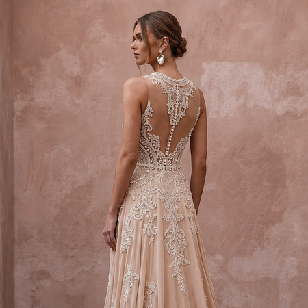 Nude Wedding Dresses with Illusion Lace Bodices - Apparel & Accessories > Clothing > Wedding & Bridal Party Dresses > Wedding Dresses - Mignonette Bridal