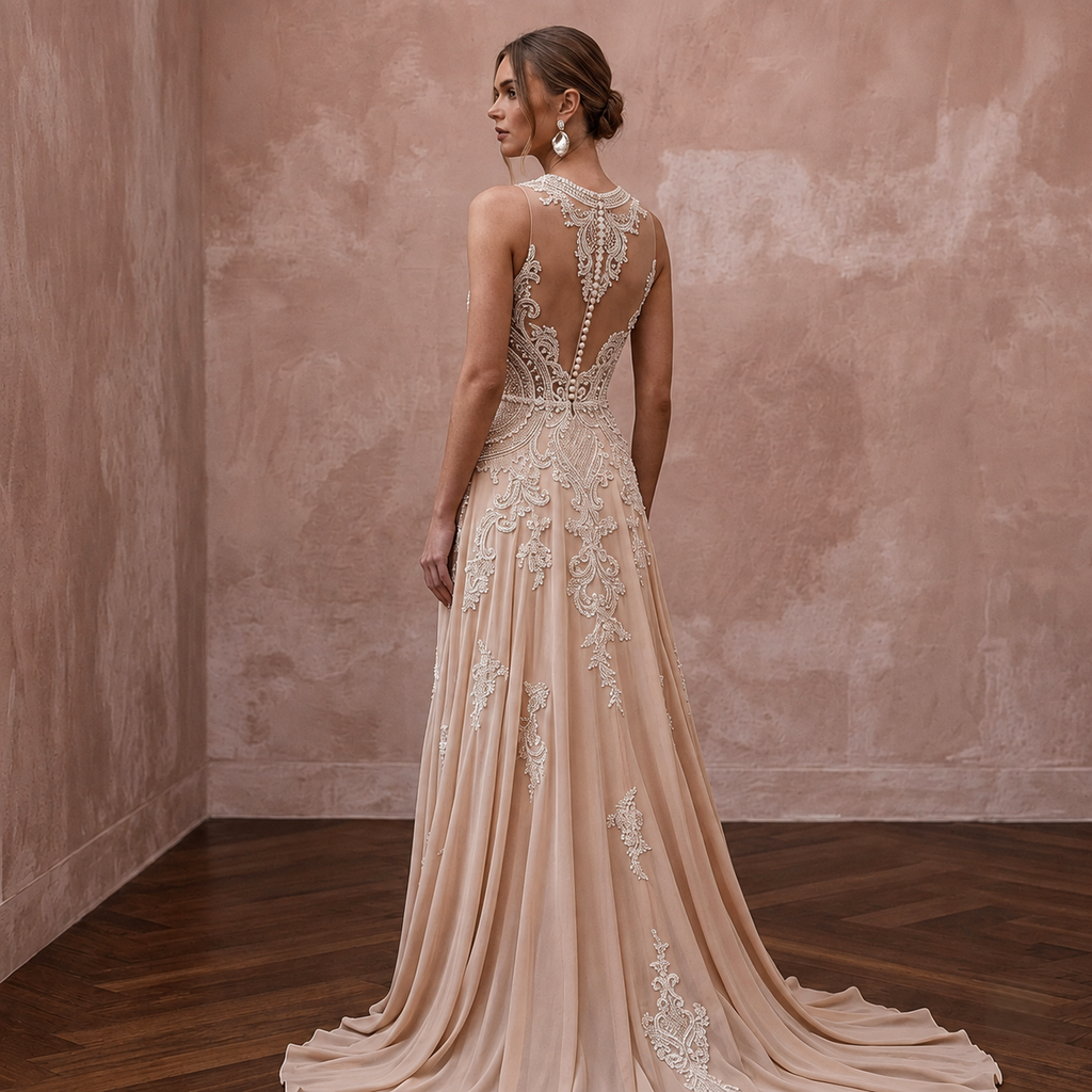 Nude Wedding Dresses with Illusion Lace Bodices