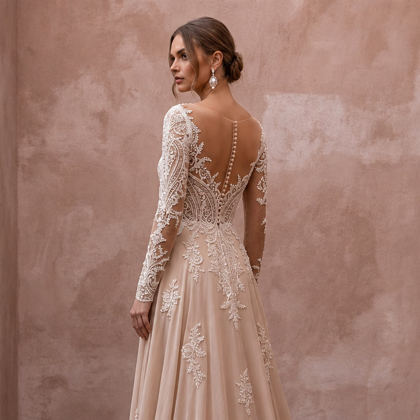 Nude Wedding Dresses with Illusion Lace Bodices - Apparel & Accessories > Clothing > Wedding & Bridal Party Dresses > Wedding Dresses - Mignonette Bridal