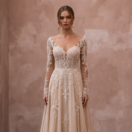Nude Wedding Dresses with Illusion Lace Bodices - Apparel & Accessories > Clothing > Wedding & Bridal Party Dresses > Wedding Dresses - Mignonette Bridal