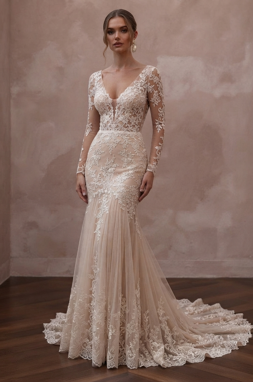 Nude Wedding Dresses with Illusion Lace Details