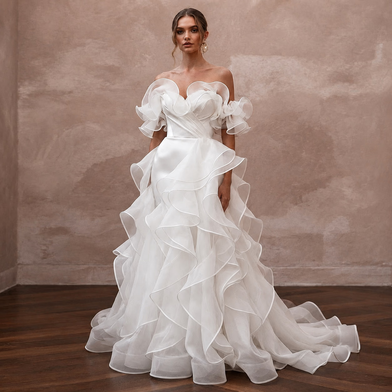Off - the - Shoulder Wedding Dresses with Organza Ruffles - Apparel & Accessories > Clothing > Wedding & Bridal Party Dresses > Wedding Dresses - Mignonette Bridal