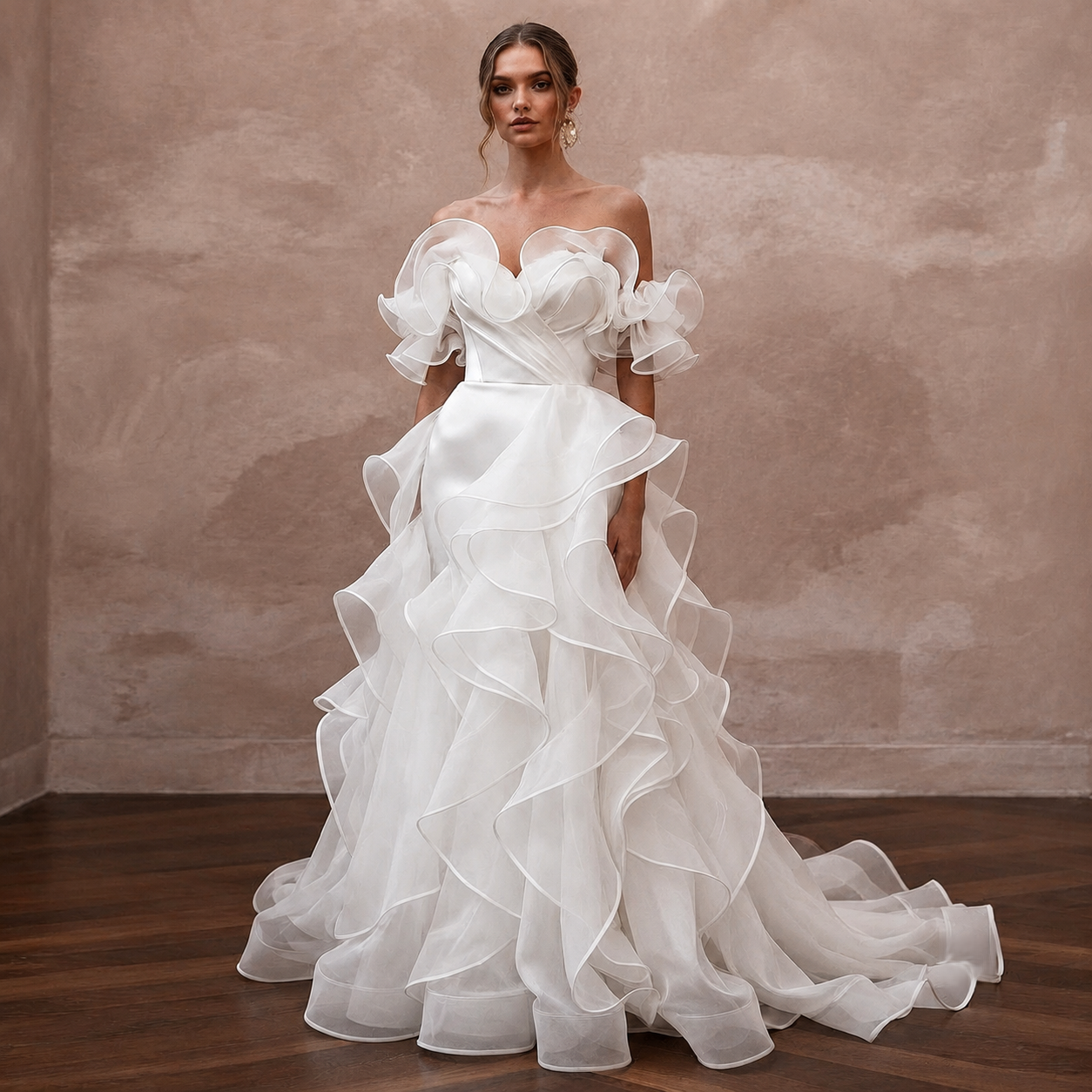 Off-the-Shoulder Wedding Dresses with Organza Ruffles