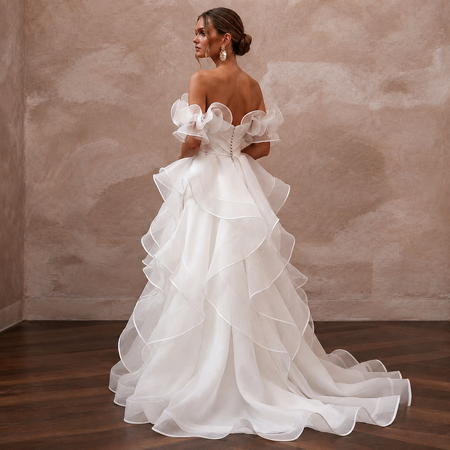 Off - the - Shoulder Wedding Dresses with Organza Ruffles - Apparel & Accessories > Clothing > Wedding & Bridal Party Dresses > Wedding Dresses - Mignonette Bridal