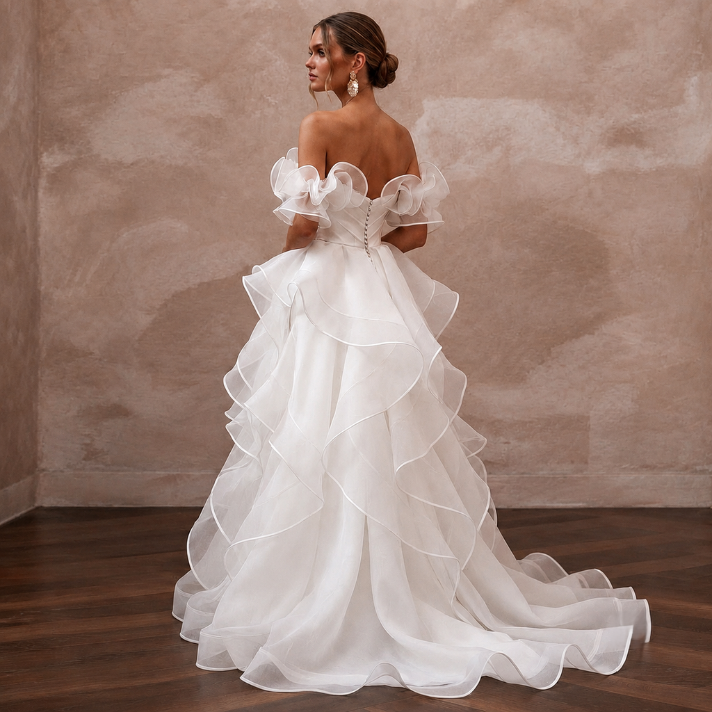 Off-the-Shoulder Wedding Dresses with Organza Ruffles