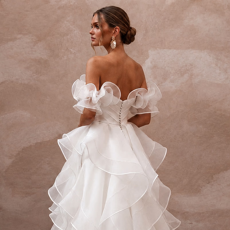 Off - the - Shoulder Wedding Dresses with Organza Ruffles - Apparel & Accessories > Clothing > Wedding & Bridal Party Dresses > Wedding Dresses - Mignonette Bridal