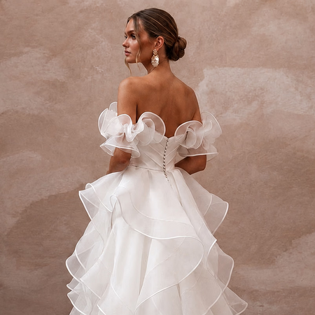 Off - the - Shoulder Wedding Dresses with Organza Ruffles - Apparel & Accessories > Clothing > Wedding & Bridal Party Dresses > Wedding Dresses - Mignonette Bridal