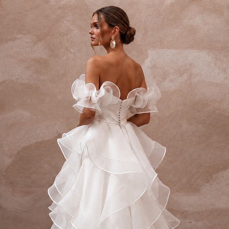 Off-the-Shoulder Wedding Dresses with Organza Ruffles
