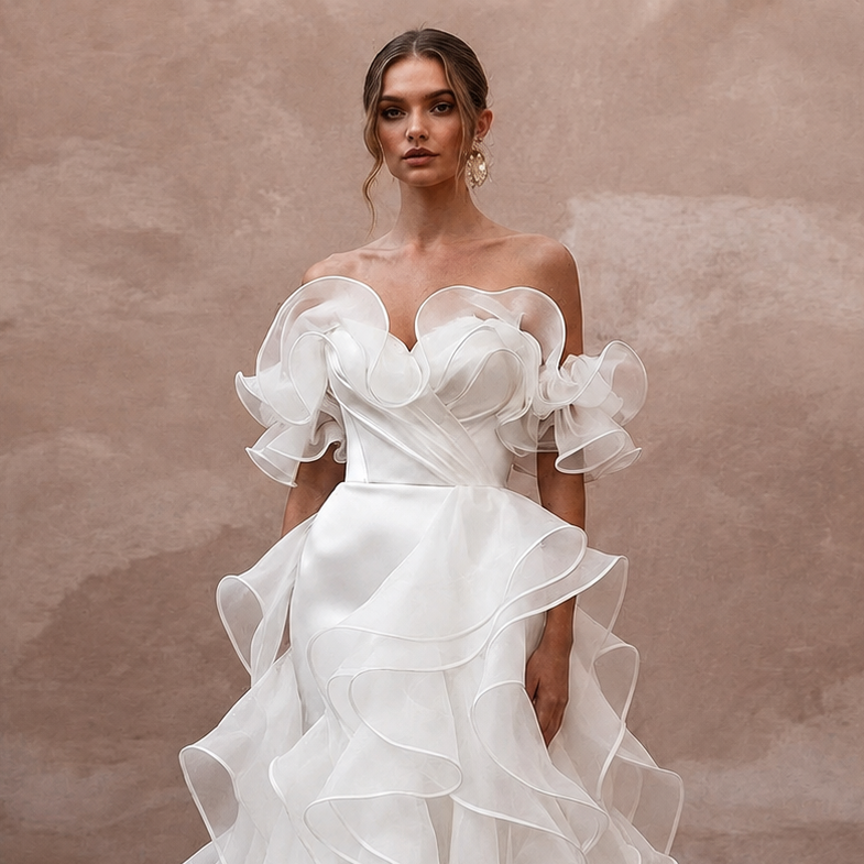 Off-the-Shoulder Wedding Dresses with Organza Ruffles
