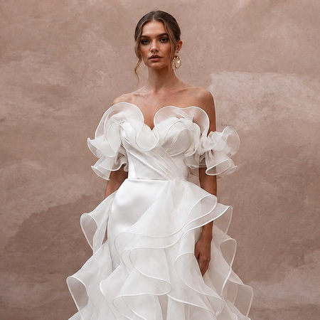 Off-the-Shoulder Wedding Dresses with Organza Ruffles