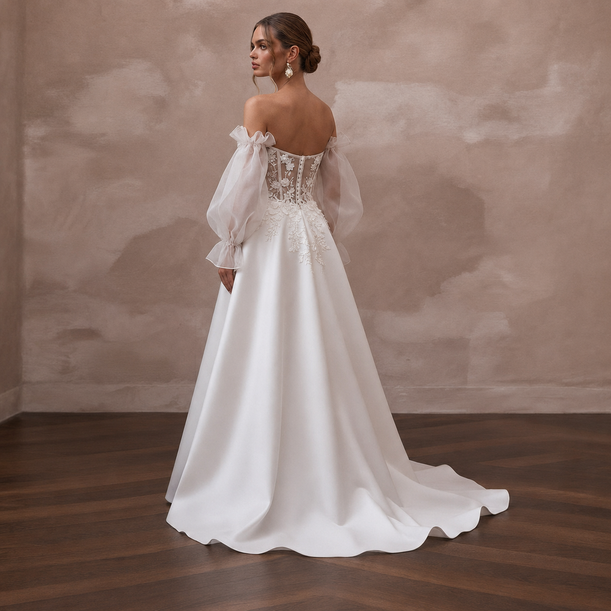 Off-the-Shoulder Wedding Dresses with Organza Sleeves