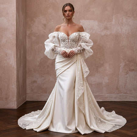 Off - the - Shoulder Wedding Dresses with Organza Sleeves - Apparel & Accessories > Clothing > Wedding & Bridal Party Dresses > Wedding Dresses - Mignonette Bridal