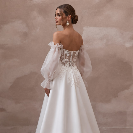 Off - the - Shoulder Wedding Dresses with Organza Sleeves - Apparel & Accessories > Clothing > Wedding & Bridal Party Dresses > Wedding Dresses - Mignonette