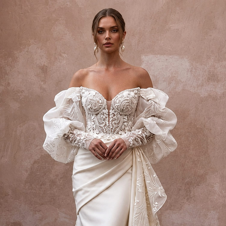 Off-the-Shoulder Wedding Dresses with Organza Sleeves