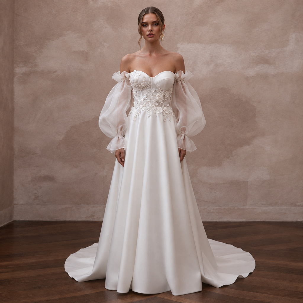 Off-the-Shoulder Wedding Dresses with Organza Sleeves
