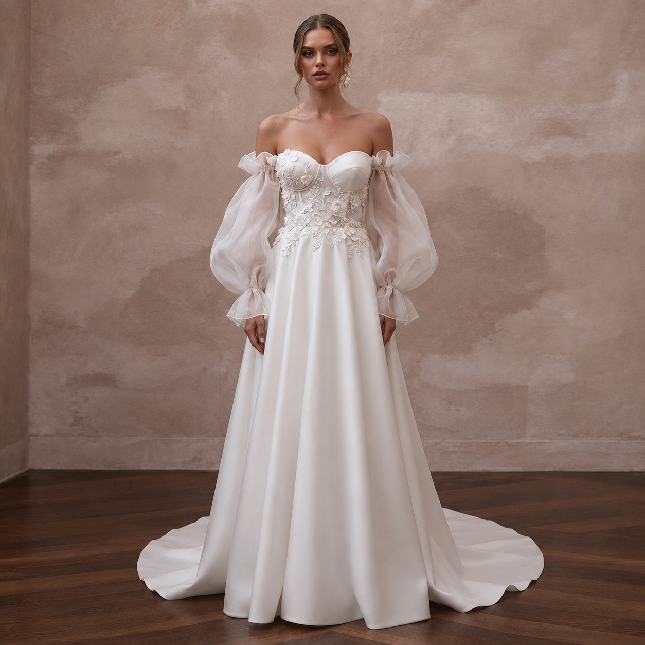 Off-the-Shoulder Wedding Dresses with Organza Sleeves