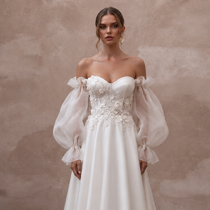 Off-the-Shoulder Wedding Dresses with Organza Sleeves