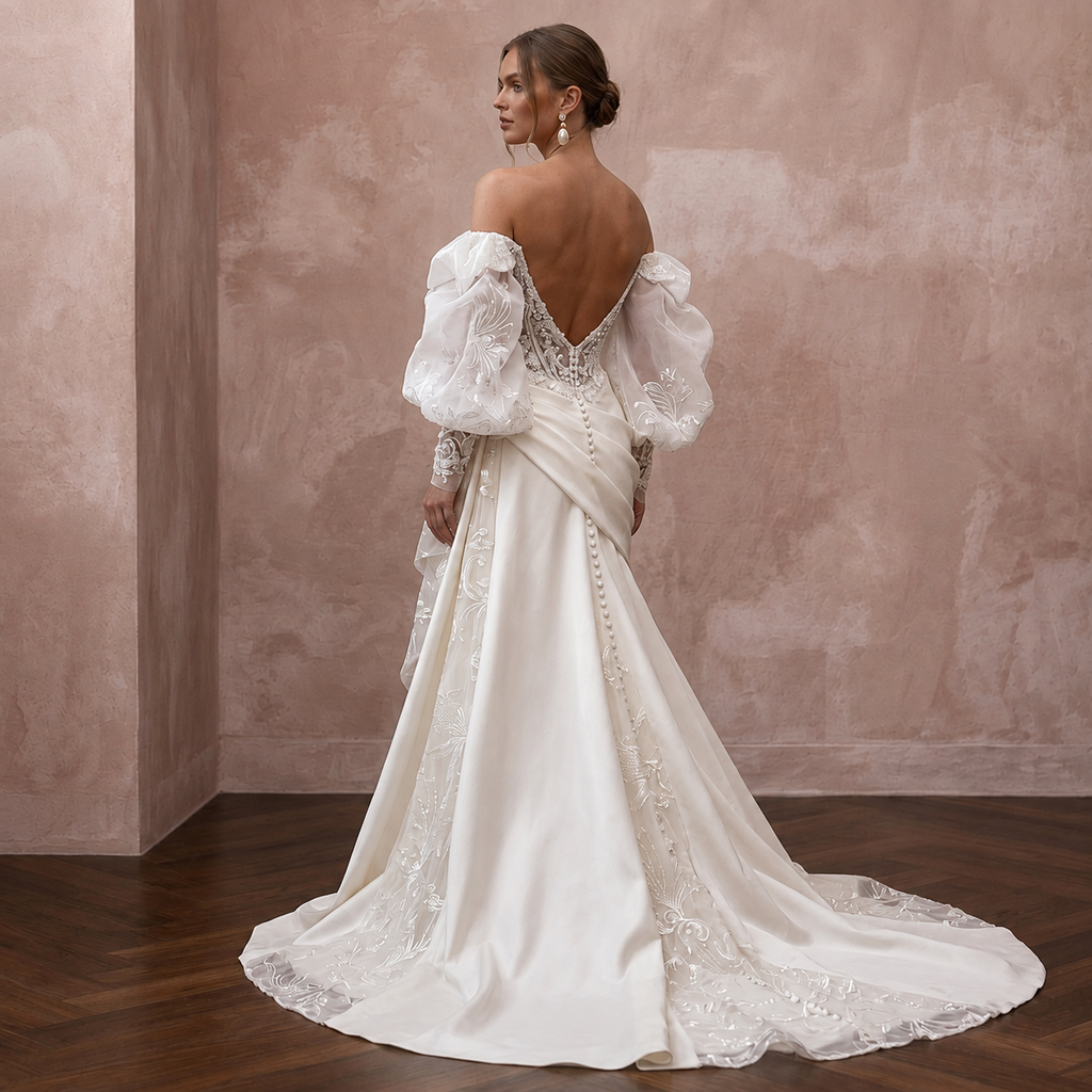 Off-the-Shoulder Wedding Dresses with Organza Sleeves