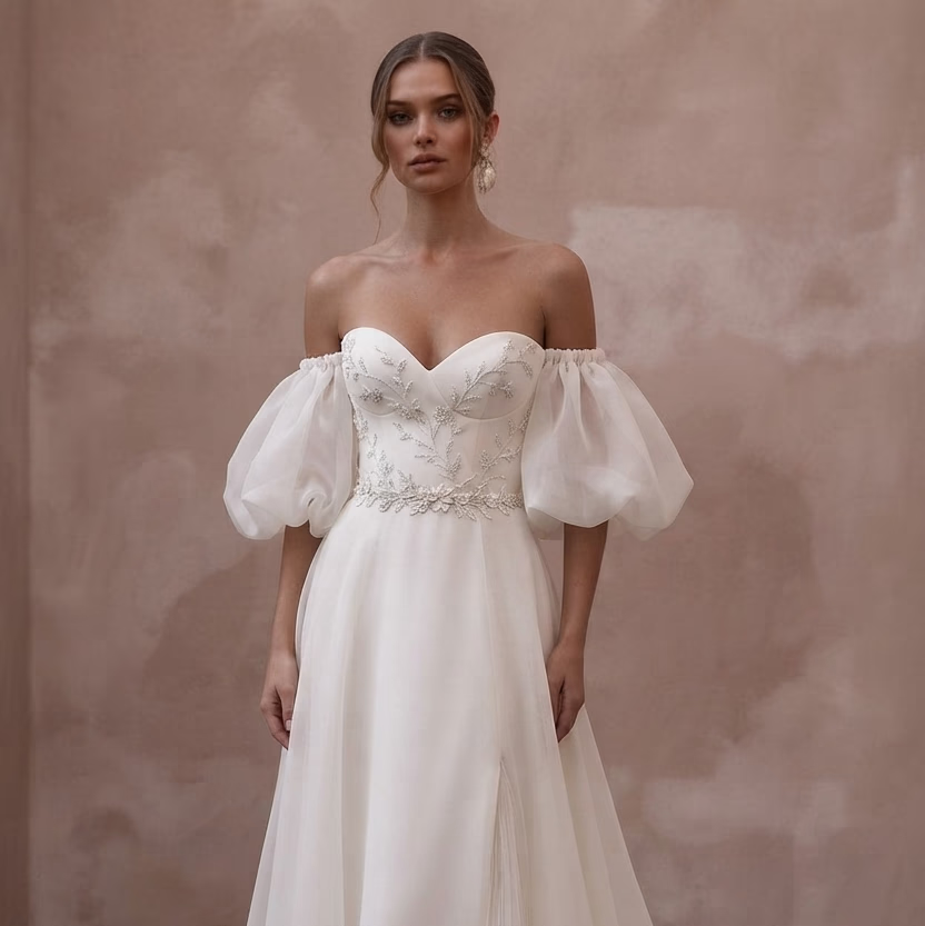 Off - the - Shoulder Wedding Dresses with Romantic Organza Sleeves - Apparel & Accessories > Clothing > Wedding & Bridal Party Dresses > Wedding Dresses - Mignonette