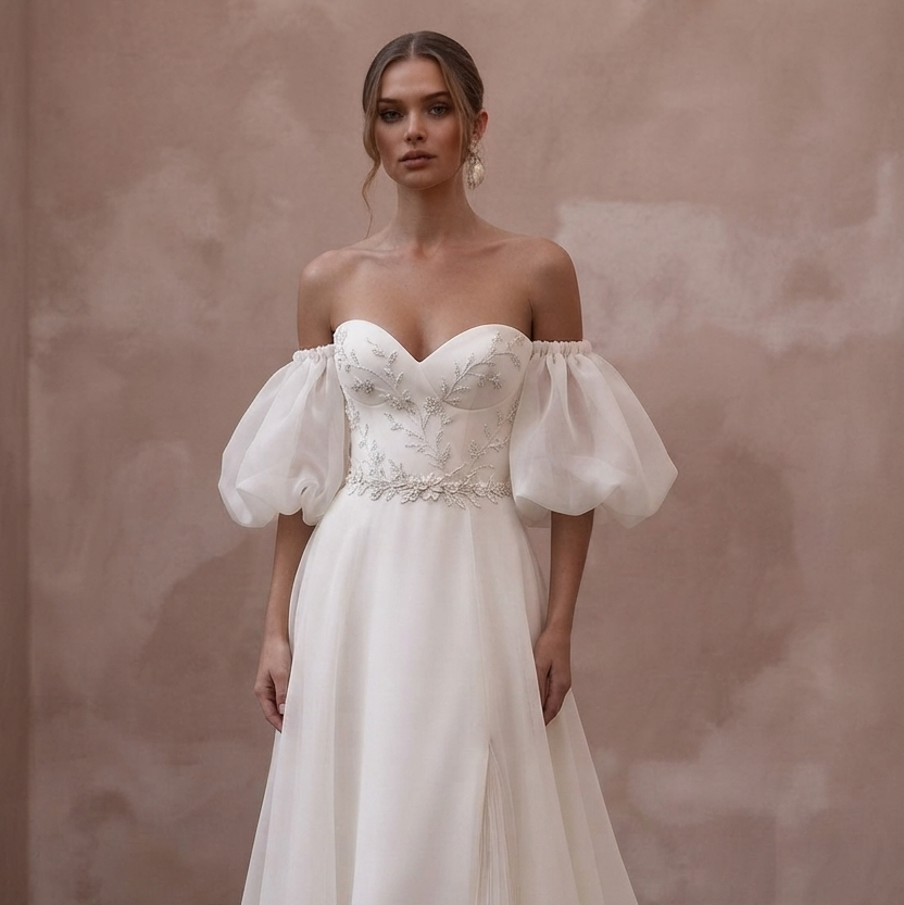 Off-the-Shoulder Wedding Dresses with Romantic Organza Sleeves