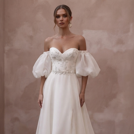 Off-the-Shoulder Wedding Dresses with Romantic Organza Sleeves