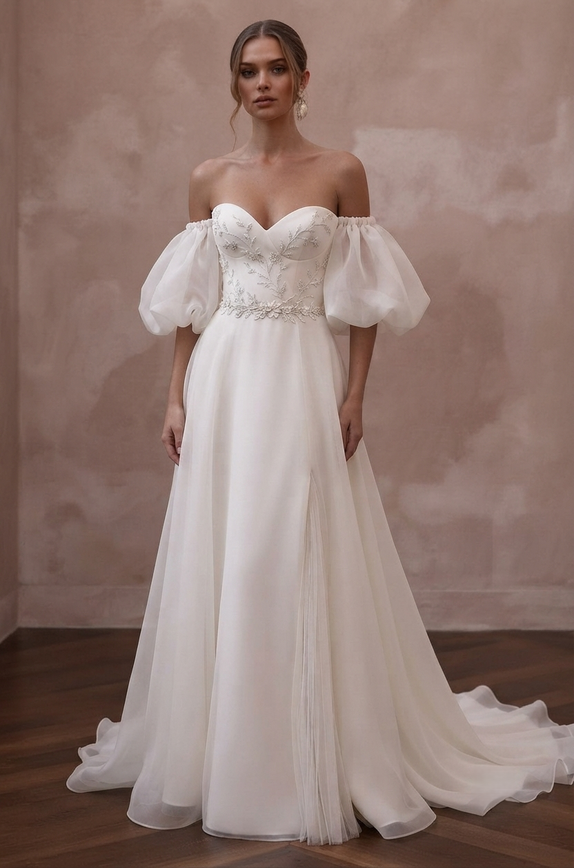 Off-the-Shoulder Wedding Dresses with Romantic Organza Sleeves Main image