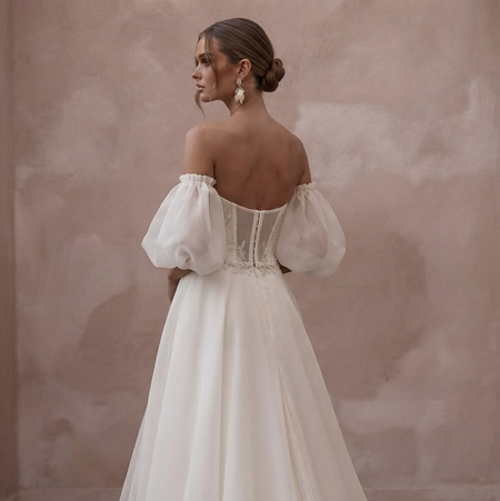 Off - the - Shoulder Wedding Dresses with Romantic Organza Sleeves - Apparel & Accessories > Clothing > Wedding & Bridal Party Dresses > Wedding Dresses - Mignonette