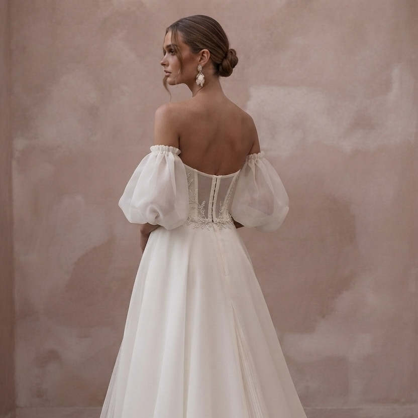 Off-the-Shoulder Wedding Dresses with Romantic Organza Sleeves