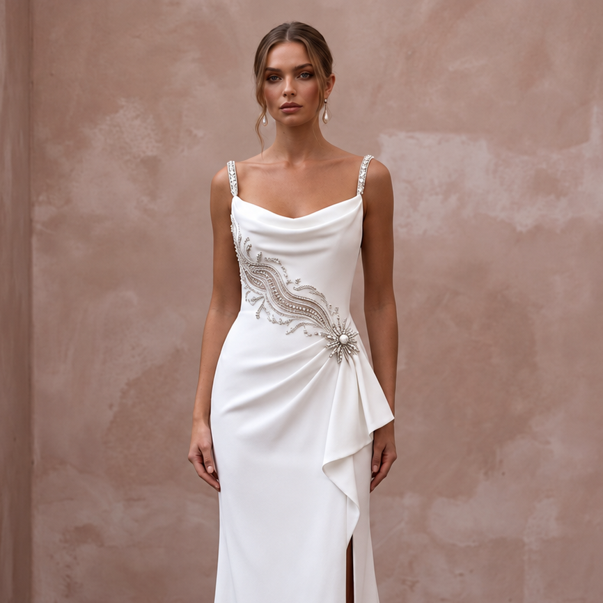 Old Hollywood Inspired Crepe Bridal Gown with Open Back