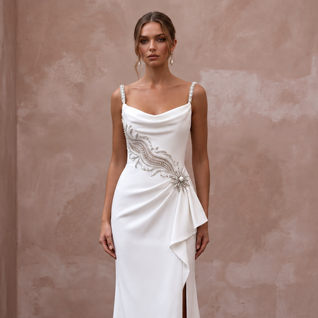 Old Hollywood Inspired Crepe Bridal Gown with Open Back