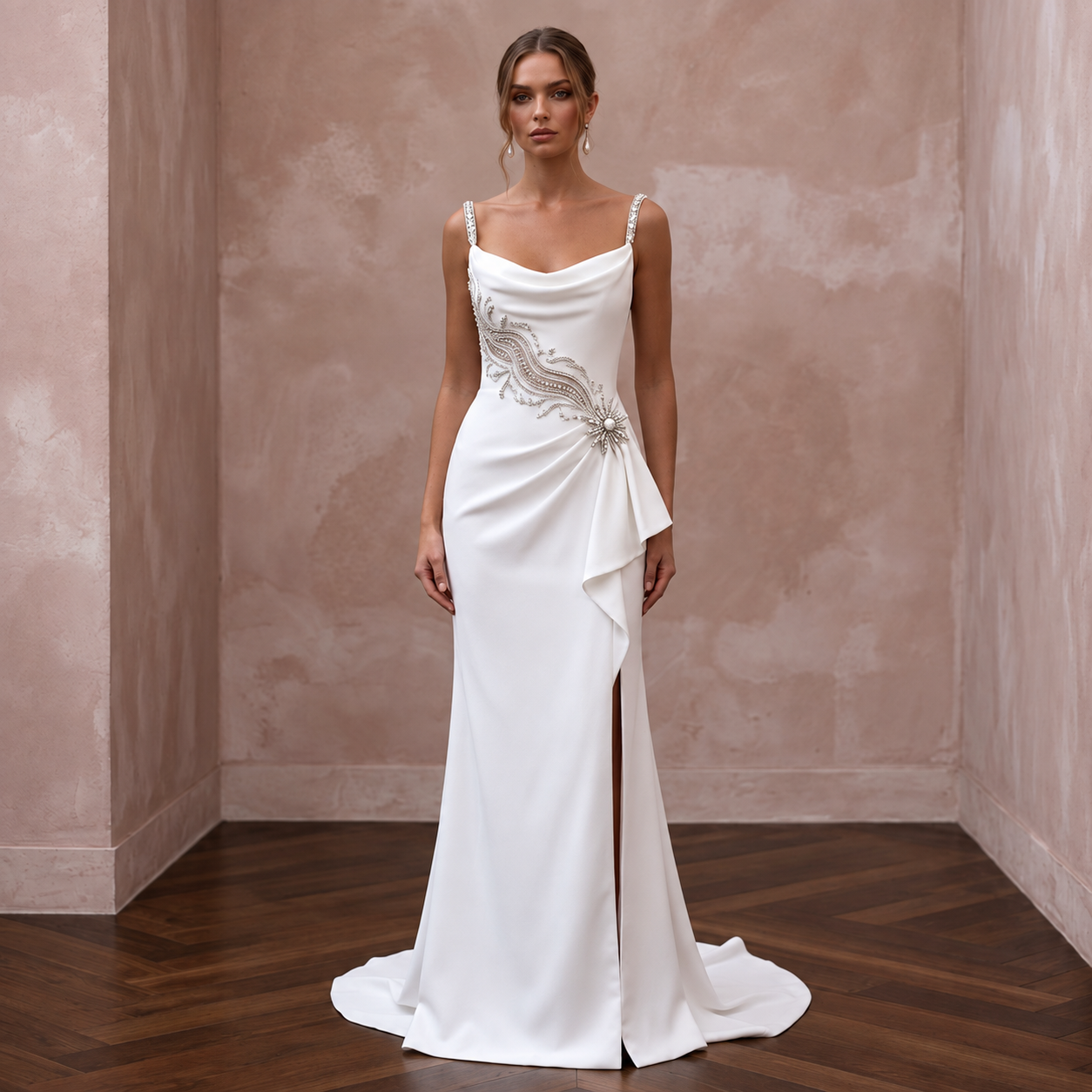 Old Hollywood Inspired Crepe Bridal Gown with Open Back