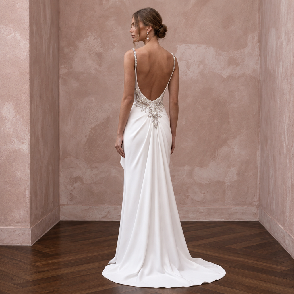 Old Hollywood Inspired Crepe Bridal Gown with Open Back