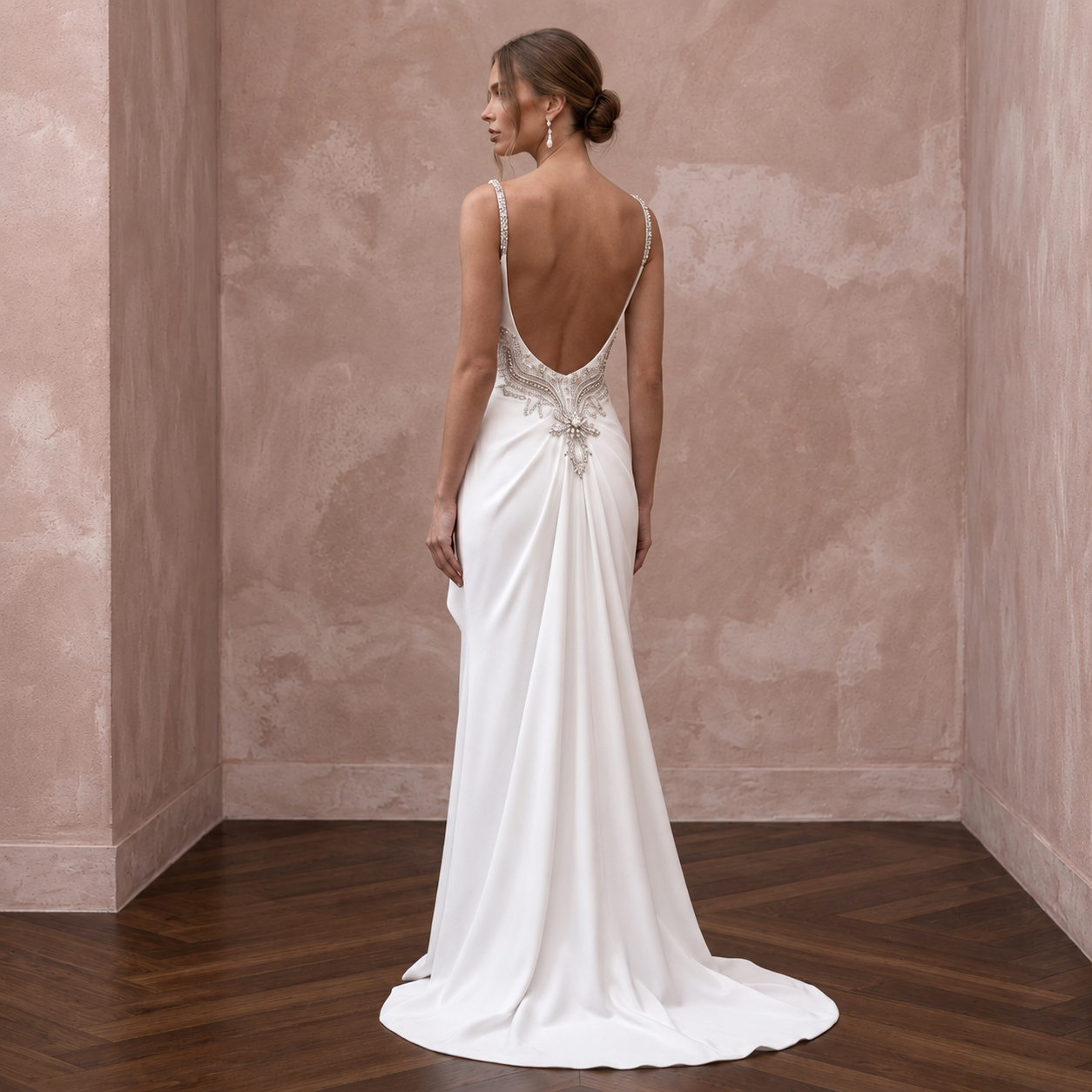 Old Hollywood Inspired Crepe Bridal Gown with Open Back