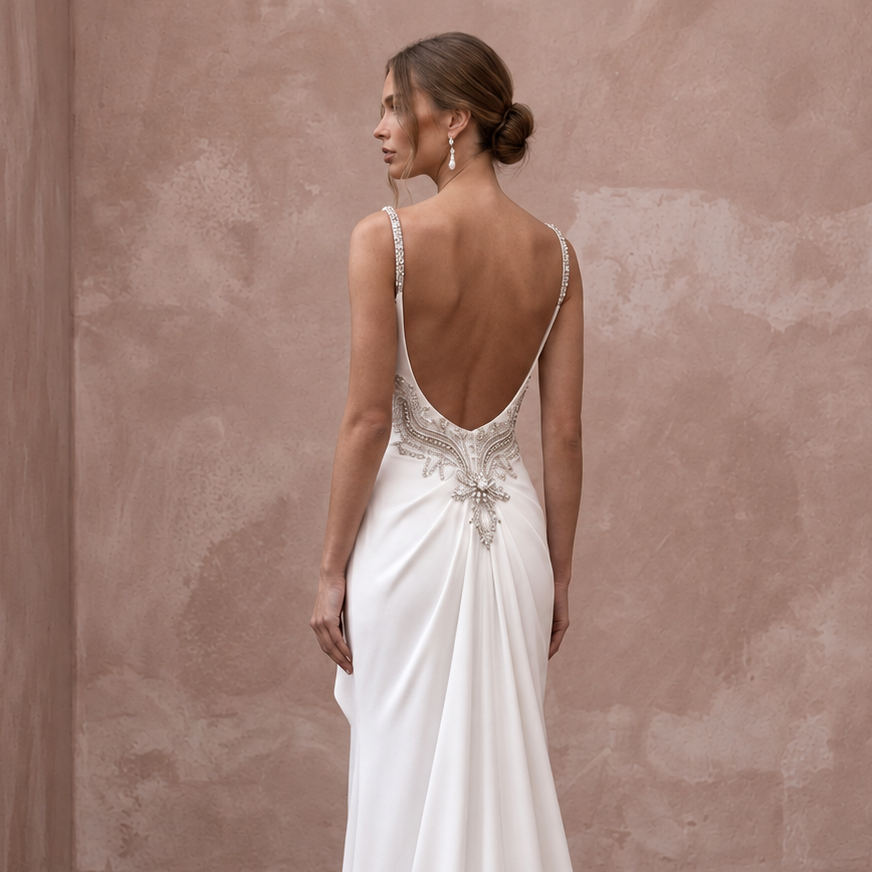 Old Hollywood Inspired Crepe Bridal Gown with Open Back