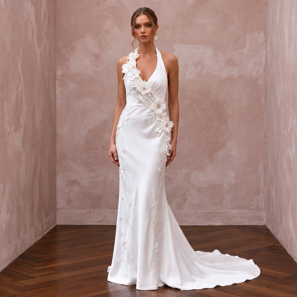 Old Hollywood White Satin Bias - Cut Bridal Gown for Engagement Shoot - Apparel & Accessories > Clothing > Wedding & Bridal Party Dresses > Wedding Dresses - Mignonette Bridal
