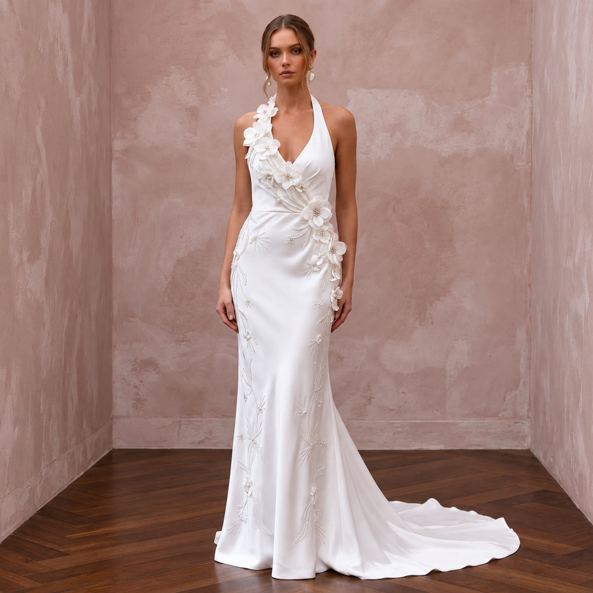 Old Hollywood White Satin Bias - Cut Bridal Gown for Engagement Shoot - Apparel & Accessories > Clothing > Wedding & Bridal Party Dresses > Wedding Dresses - Mignonette Bridal