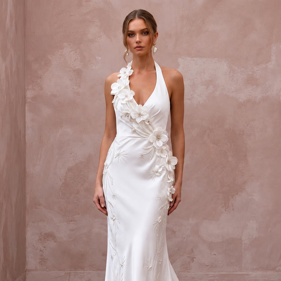 Old Hollywood White Satin Bias - Cut Bridal Gown for Engagement Shoot - Apparel & Accessories > Clothing > Wedding & Bridal Party Dresses > Wedding Dresses - Mignonette Bridal
