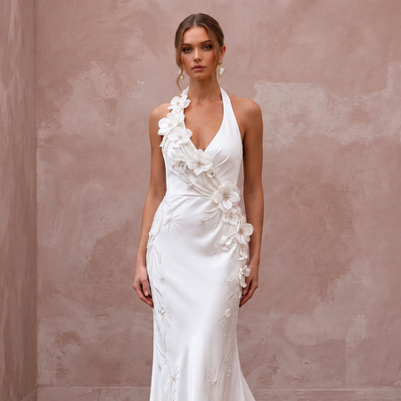 Old Hollywood White Satin Bias - Cut Bridal Gown for Engagement Shoot - Apparel & Accessories > Clothing > Wedding & Bridal Party Dresses > Wedding Dresses - Mignonette Bridal