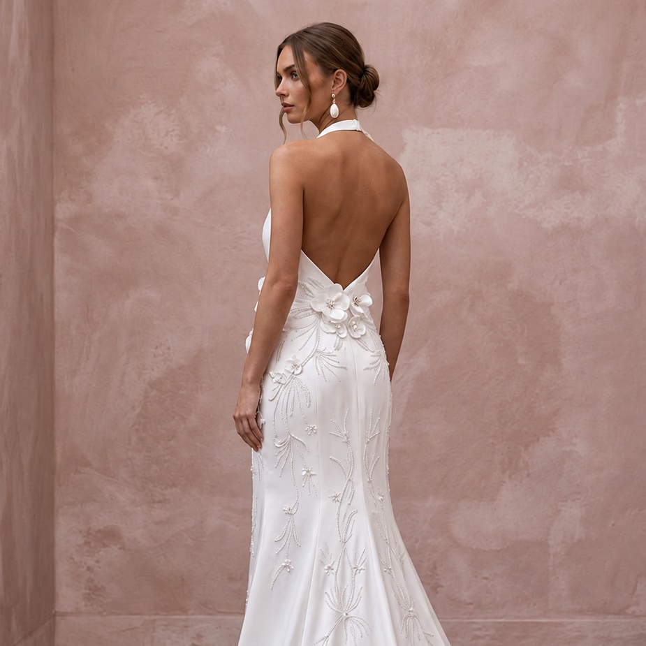 Old Hollywood White Satin Bias - Cut Bridal Gown for Engagement Shoot - Apparel & Accessories > Clothing > Wedding & Bridal Party Dresses > Wedding Dresses - Mignonette Bridal