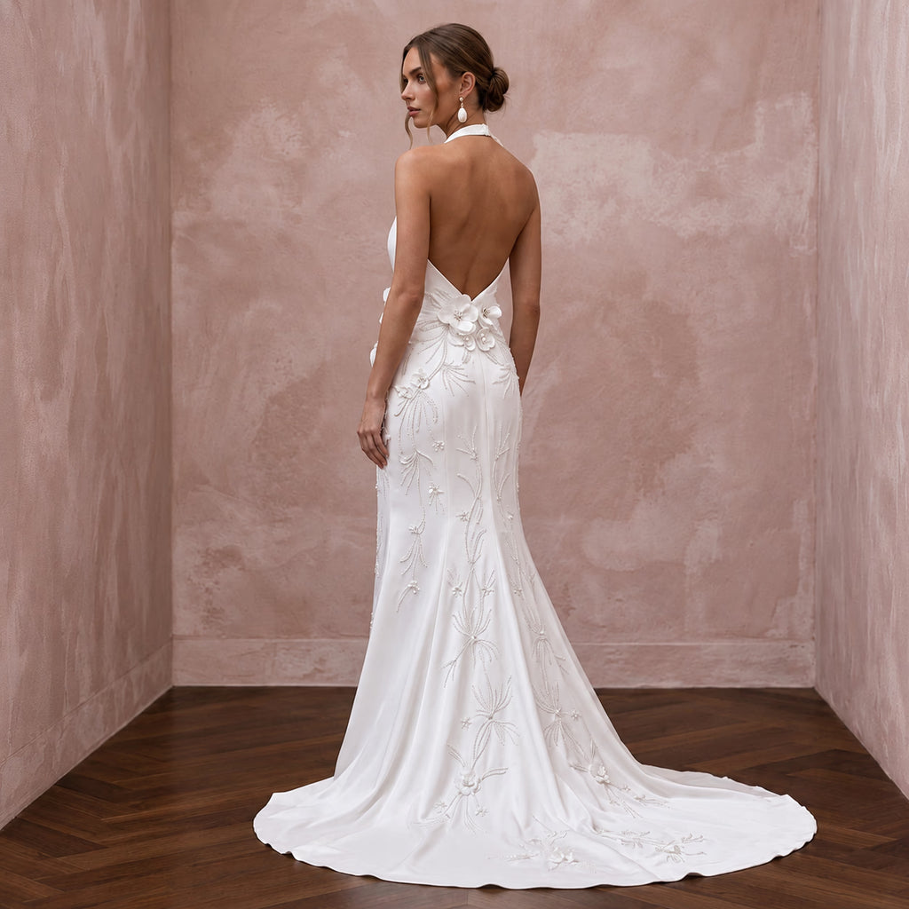Old Hollywood White Satin Bias - Cut Bridal Gown for Engagement Shoot - Apparel & Accessories > Clothing > Wedding & Bridal Party Dresses > Wedding Dresses - Mignonette Bridal