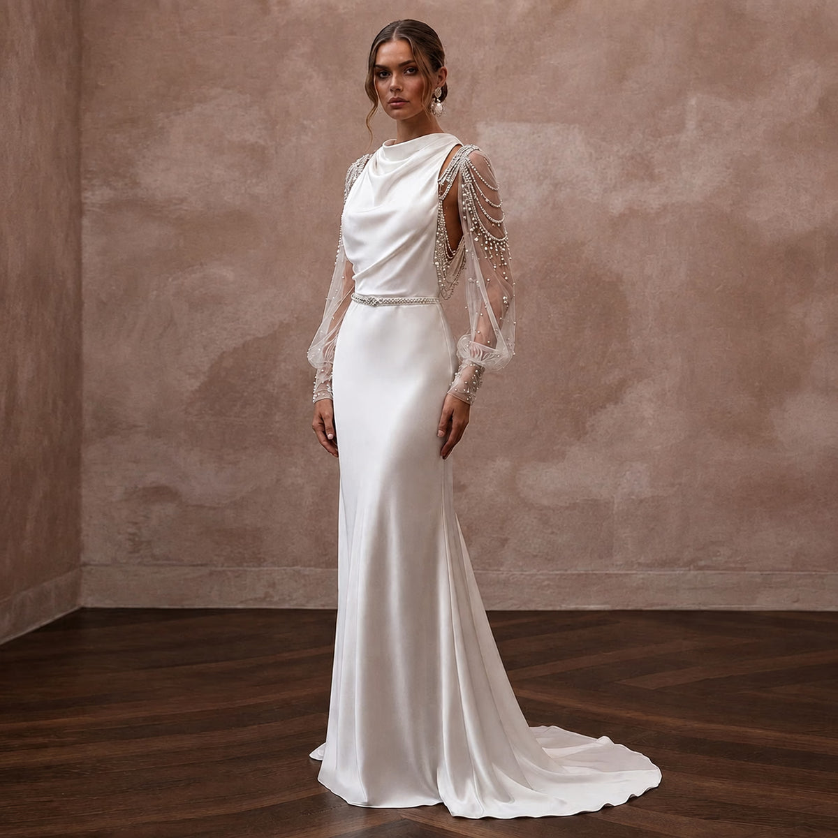 Old Hollywood White Satin Bias - Cut Gown for Engagement Shoot - Apparel & Accessories > Clothing > Wedding & Bridal Party Dresses > Wedding Dresses - Mignonette Bridal Main image